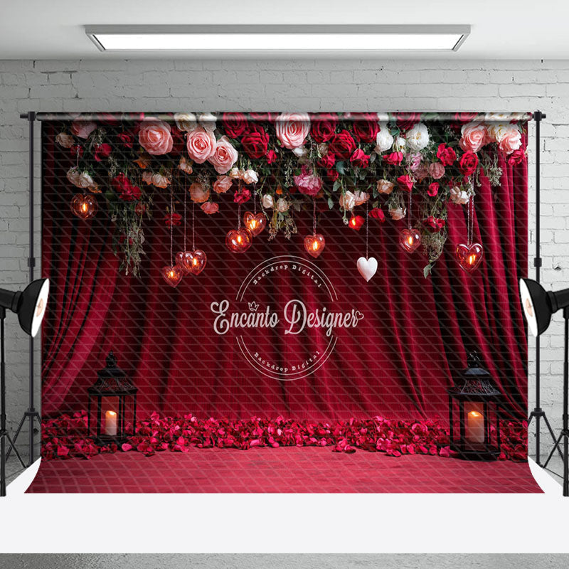 Aperturee - Aperturee Red Curtain Petal Floral Valentines Day Backdrop