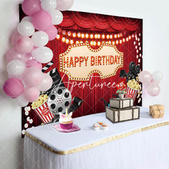 Aperturee - Aperturee Red Curtain Popcorn Movie Night Birthday Backdrop