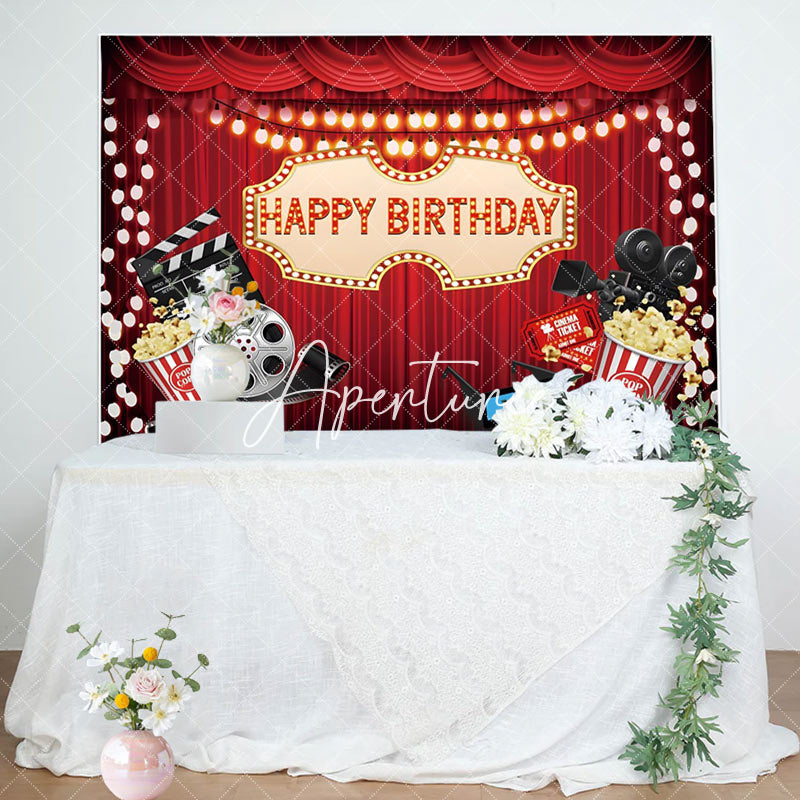 Aperturee - Aperturee Red Curtain Popcorn Movie Night Birthday Backdrop