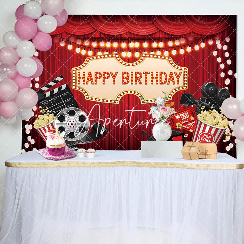 Aperturee - Aperturee Red Curtain Popcorn Movie Night Birthday Backdrop