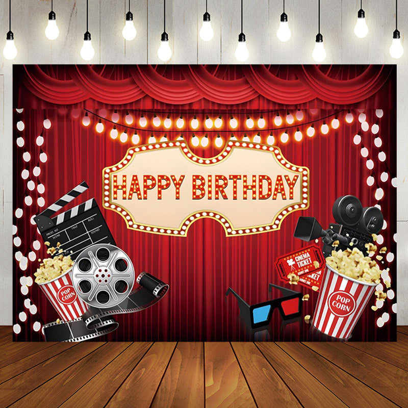 Aperturee - Aperturee Red Curtain Popcorn Movie Night Birthday Backdrop