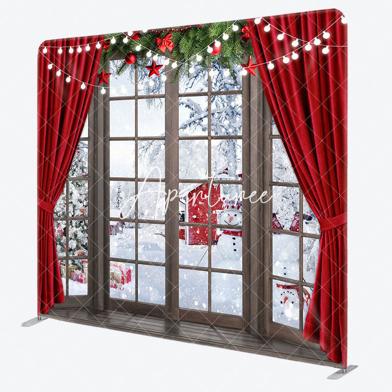 Aperturee - Aperturee Red Curtain Snowman Christmas Tension Fabric Backdrop