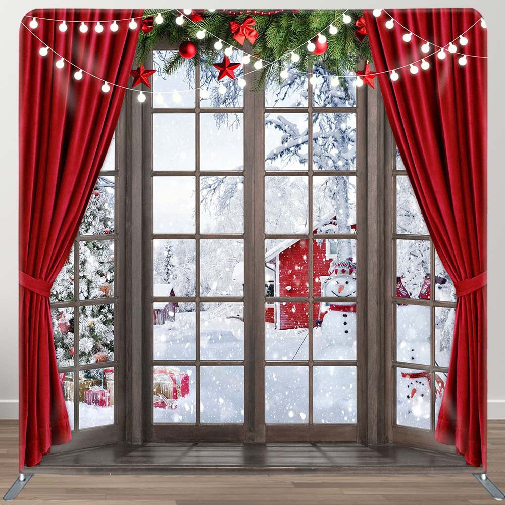 Aperturee - Aperturee Red Curtain Snowman Christmas Tension Fabric Backdrop