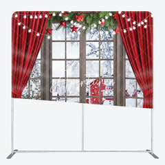 Aperturee - Aperturee Red Curtain Snowman Christmas Tension Fabric Backdrop