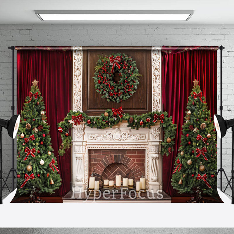 Aperturee - Aperturee Red Curtain White Fireplace Tree Christmas Backdrop