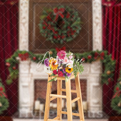 Aperturee - Aperturee Red Curtain White Fireplace Tree Christmas Backdrop