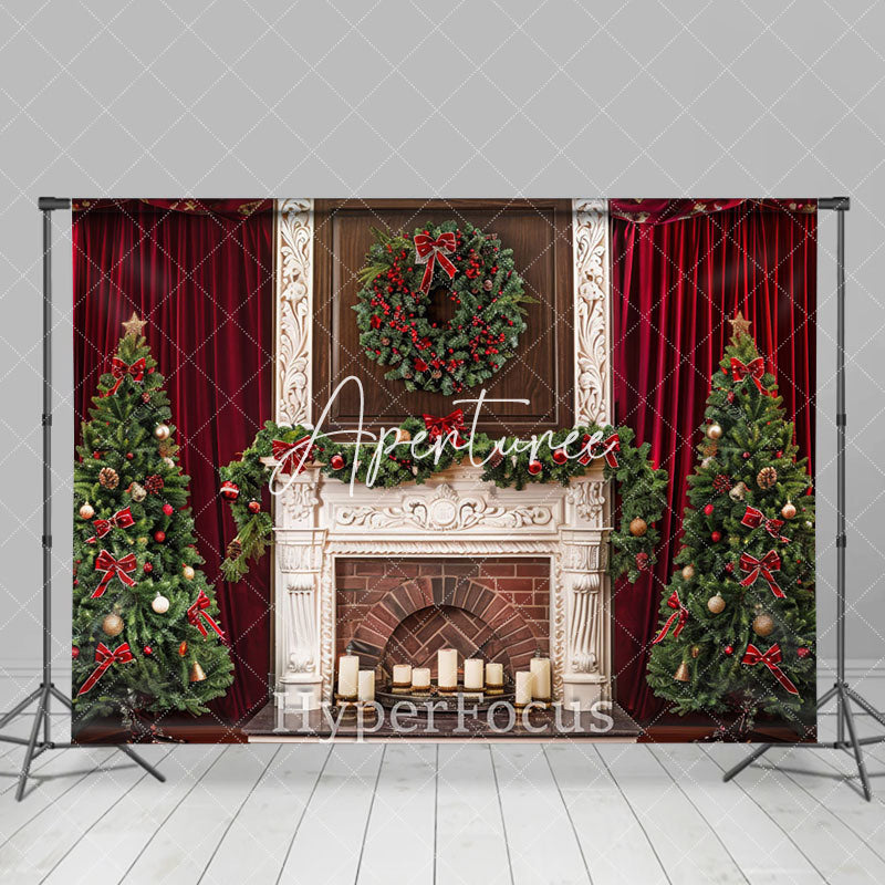 Aperturee - Aperturee Red Curtain White Fireplace Tree Christmas Backdrop