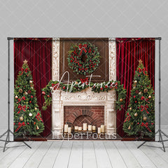 Aperturee - Aperturee Red Curtain White Fireplace Tree Christmas Backdrop