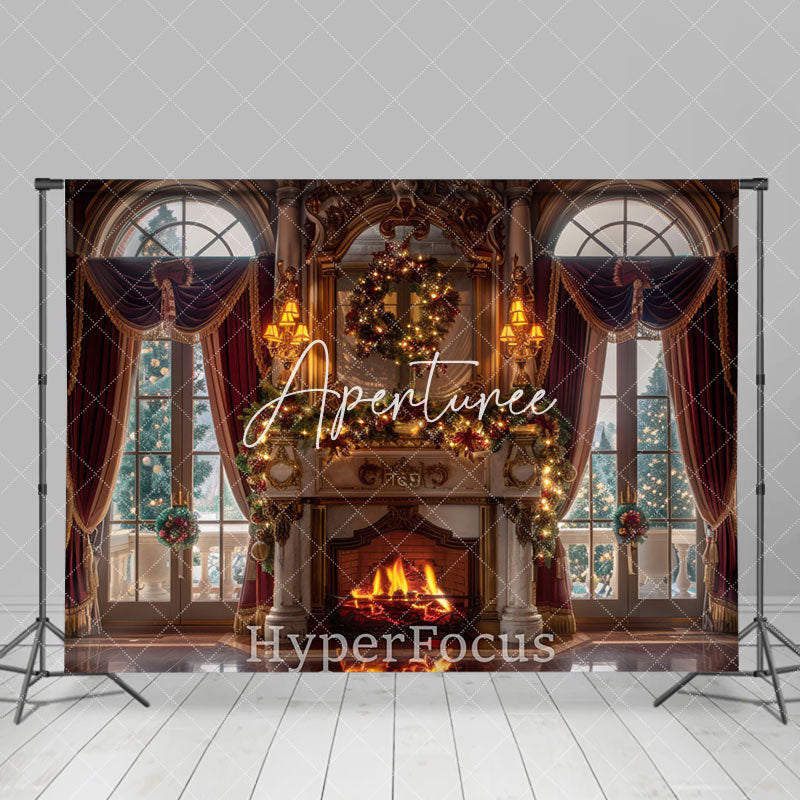 Aperturee - Aperturee Red Curtain Window Fireplace Christmas Vibe Backdrop