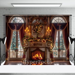 Aperturee - Aperturee Red Curtain Window Fireplace Christmas Vibe Backdrop