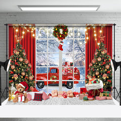 Aperturee - Aperturee Red Curtain Window Gift Truck Christmas Backdrop