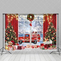 Aperturee - Aperturee Red Curtain Window Gift Truck Christmas Backdrop