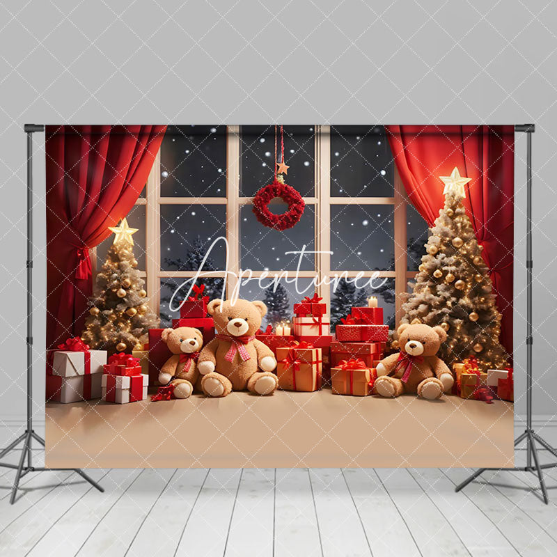 Aperturee - Aperturee Red Curtain Window Teddy Bear Snow Christmas Backdrop