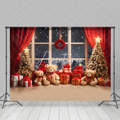 Aperturee - Aperturee Red Curtain Window Teddy Bear Snow Christmas Backdrop