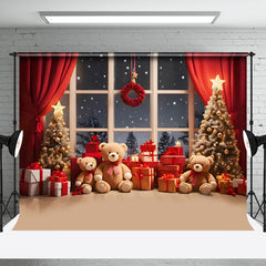 Aperturee - Aperturee Red Curtain Window Teddy Bear Snow Christmas Backdrop