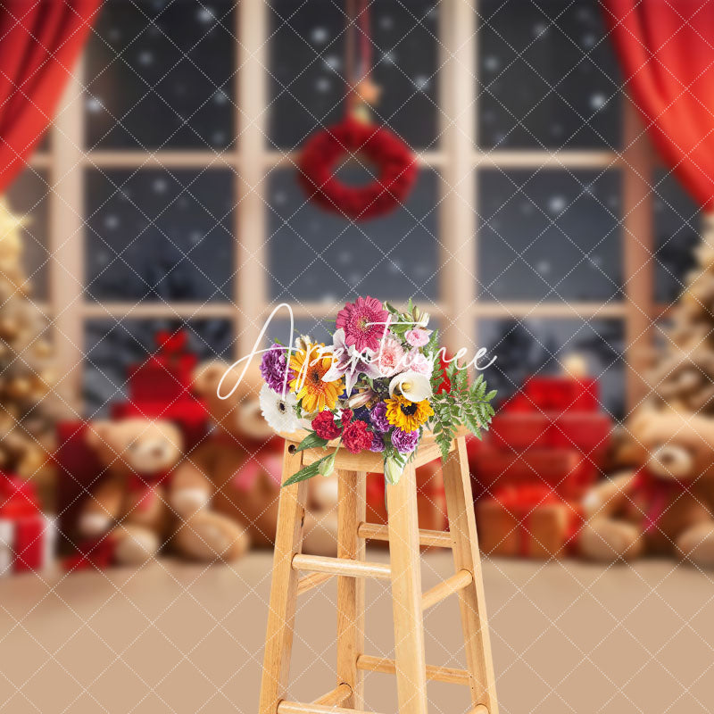 Aperturee - Aperturee Red Curtain Window Teddy Bear Snow Christmas Backdrop