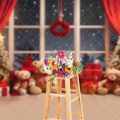 Aperturee - Aperturee Red Curtain Window Teddy Bear Snow Christmas Backdrop