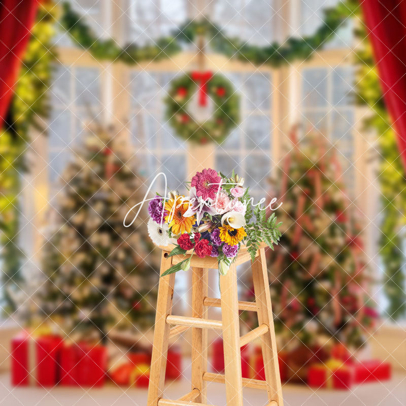 Aperturee - Aperturee Red Curtains Garland Christmas Tree Photo Backdrop