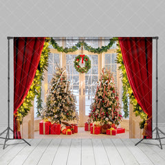 Aperturee - Aperturee Red Curtains Garland Christmas Tree Photo Backdrop