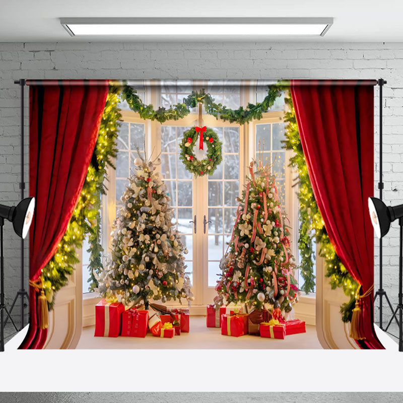 Aperturee - Aperturee Red Curtains Garland Christmas Tree Photo Backdrop