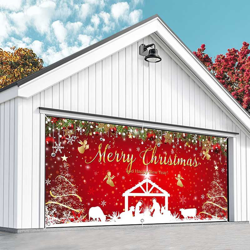 Aperturee - Aperturee Red Festive Christmas Nativity Garage Door Banner