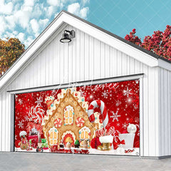 Aperturee - Aperturee Red Festive Gingerbread House Garage Door Banner