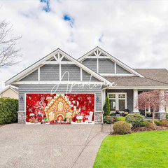 Aperturee - Aperturee Red Festive Gingerbread House Garage Door Banner