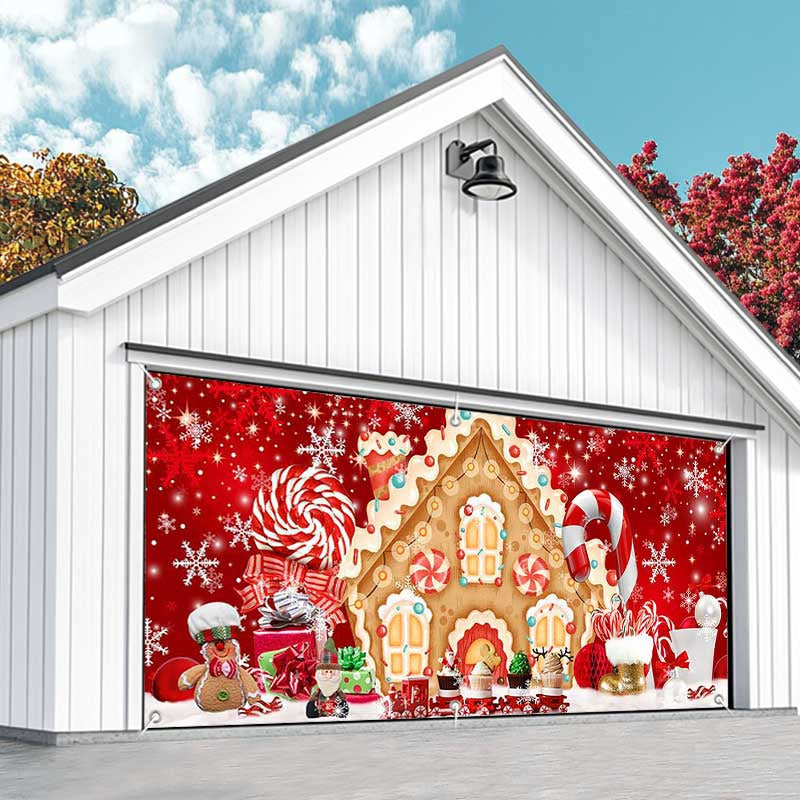 Aperturee - Aperturee Red Festive Gingerbread House Garage Door Banner