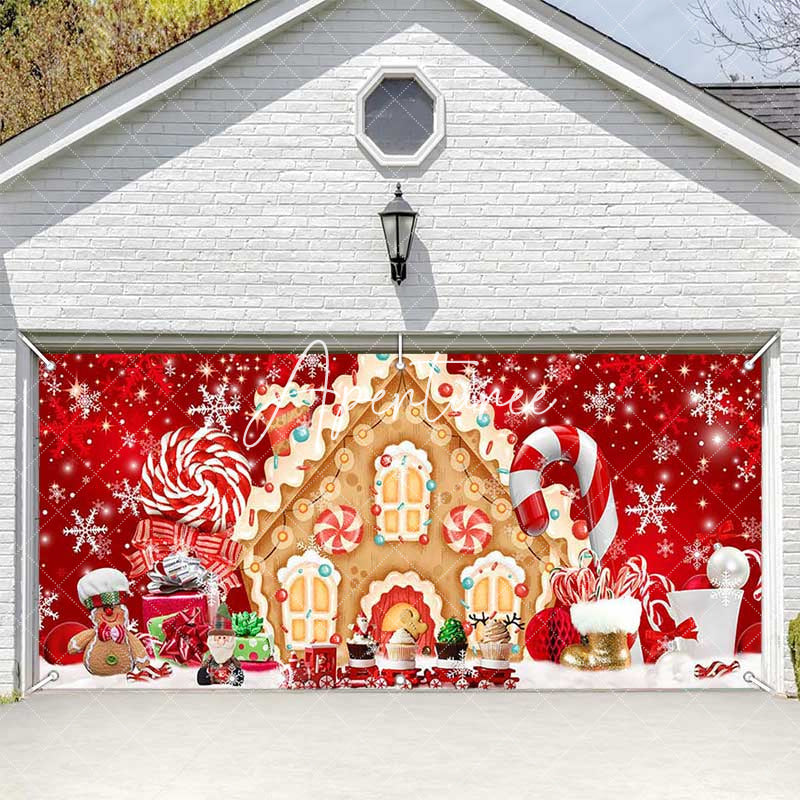 Aperturee - Aperturee Red Festive Gingerbread House Garage Door Banner