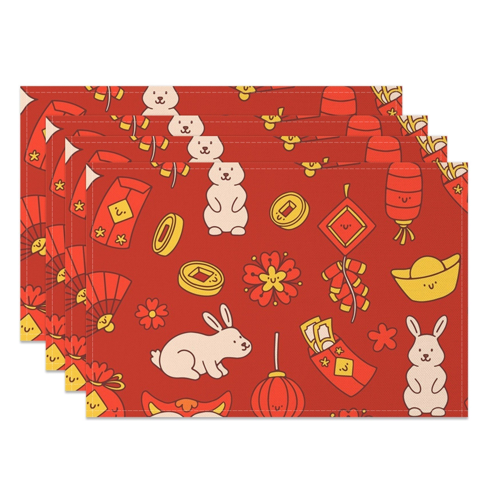 Aperturee - Aperturee Red Festive Gold Rabbit New Year Set Of 4 Placemats