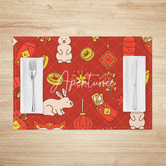 Aperturee - Aperturee Red Festive Gold Rabbit New Year Set Of 4 Placemats