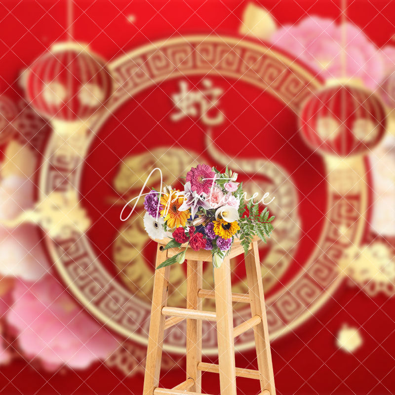 Aperturee - Aperturee Red Festive Gold Snake Chinese New Year Backdrop