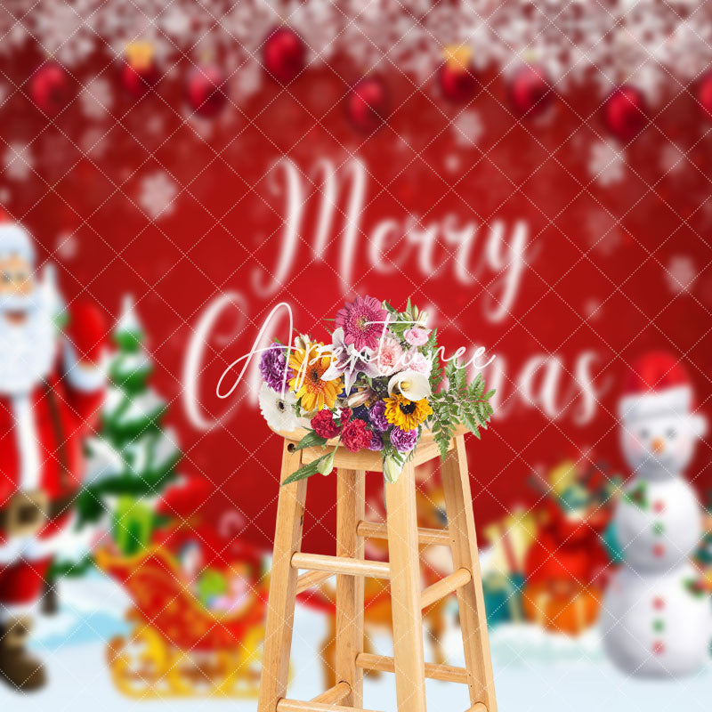 Aperturee - Aperturee Red Festive Santa Snowman Snowy Christmas Backdrop