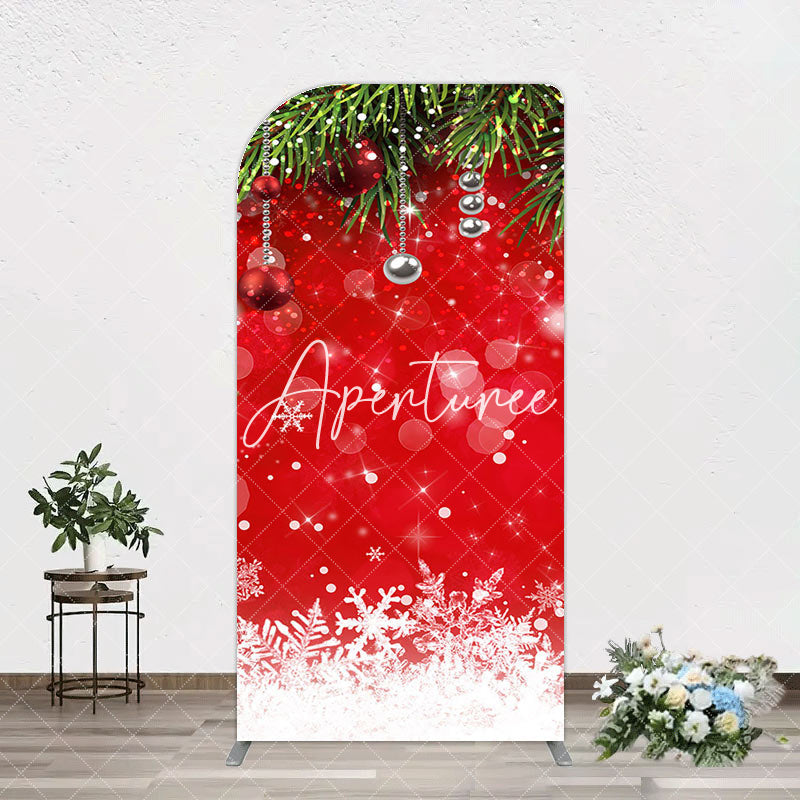 Aperturee - Aperturee Red Festive Snowy Bokeh Leaf Christmas Arch Backdrop