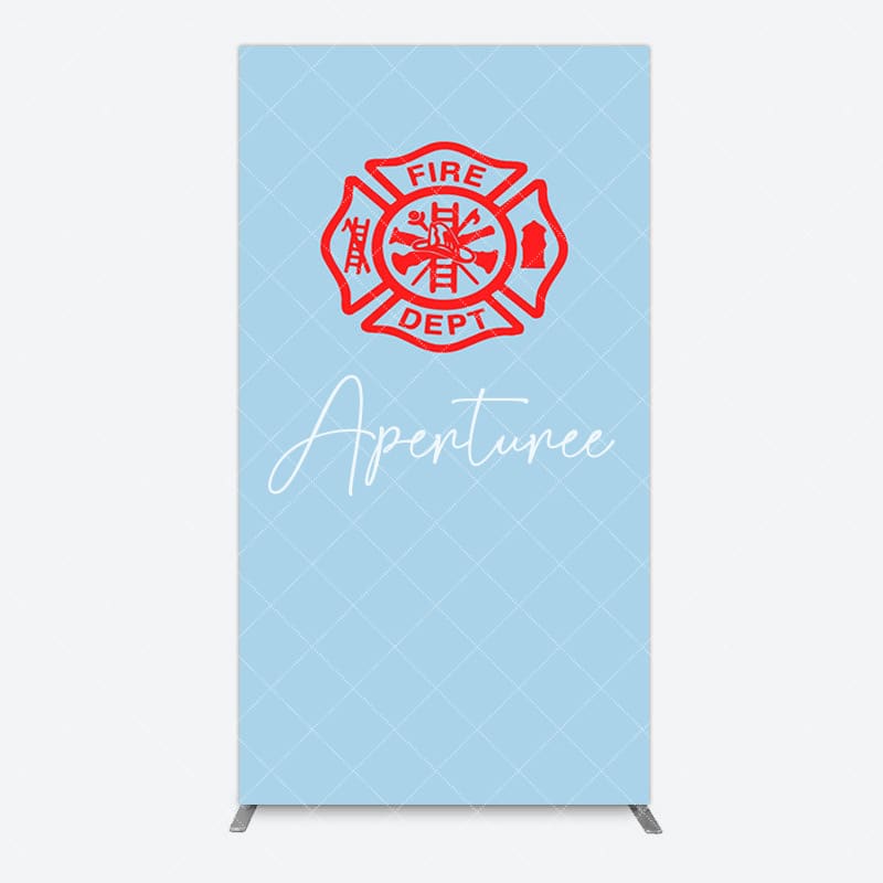 Aperturee - Aperturee Red Fire Department Logo Light Blue Rectangle Backdrop