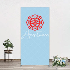 Aperturee - Aperturee Red Fire Department Logo Light Blue Rectangle Backdrop