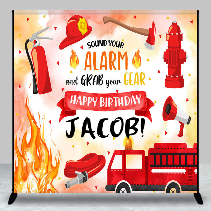 Aperturee - Aperturee Red Firefighting Custom Name Boy Birthday Backdrop