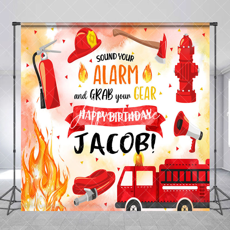 Aperturee - Aperturee Red Firefighting Custom Name Boy Birthday Backdrop