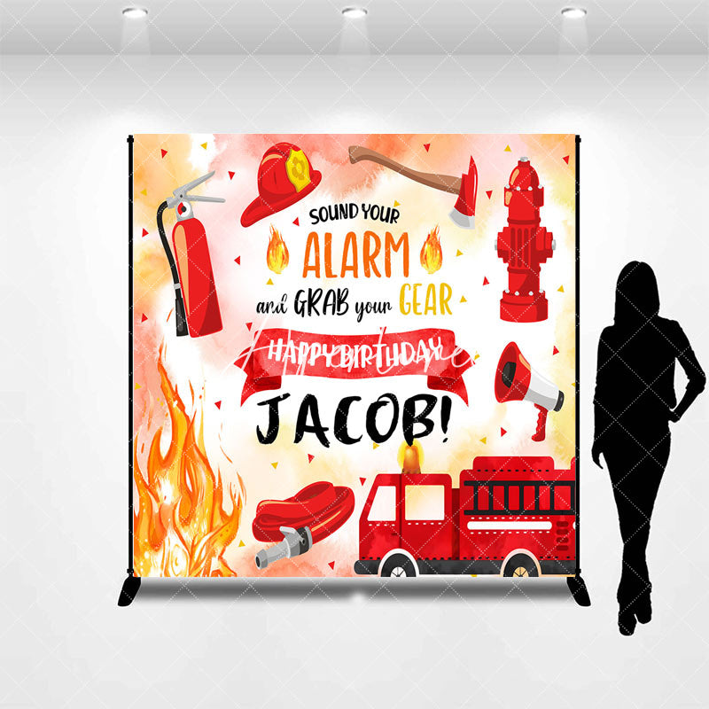 Aperturee - Aperturee Red Firefighting Custom Name Boy Birthday Backdrop