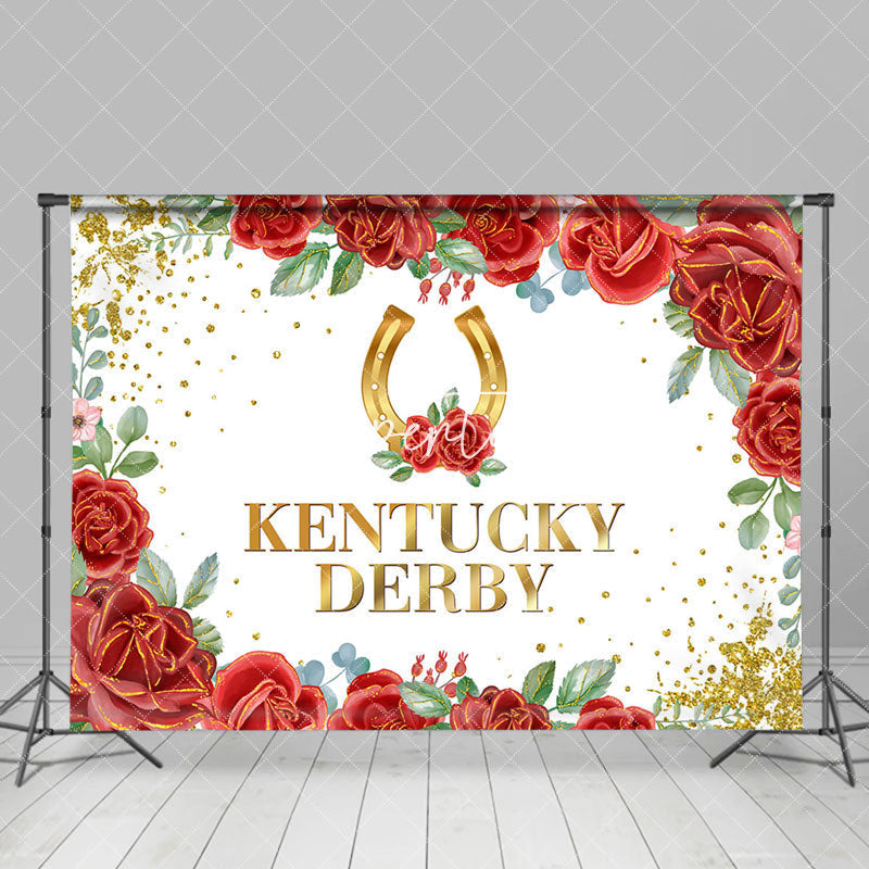 Aperturee - Aperturee Red Floral Gold Horseshoe Kentucky Derby Backdrop