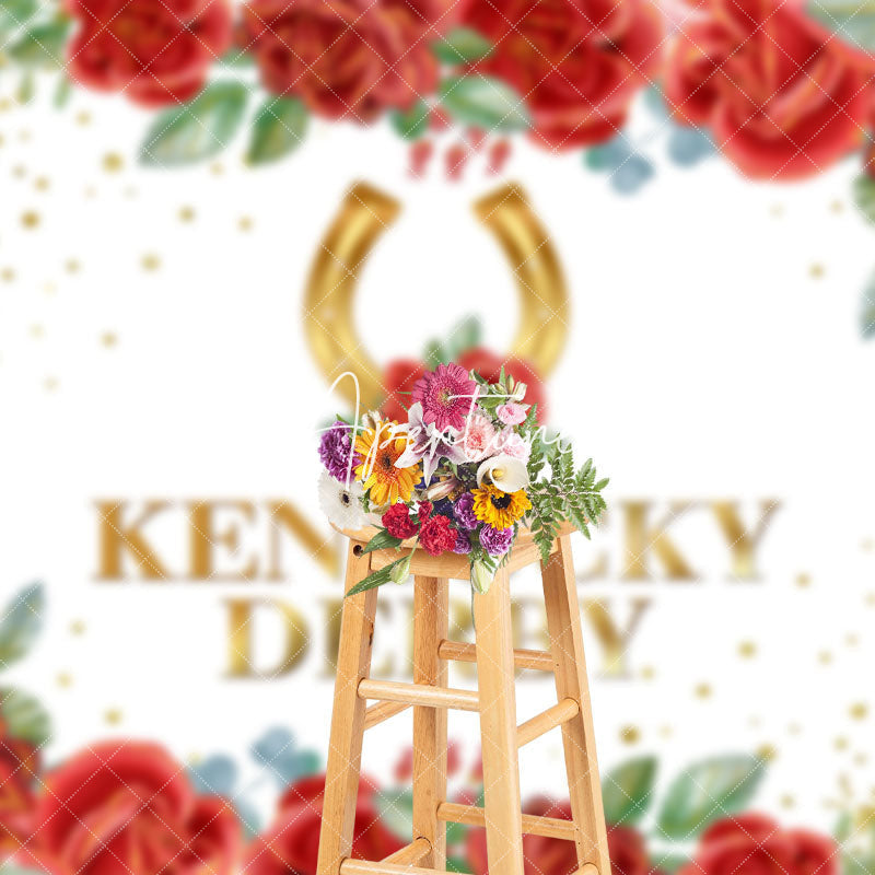 Aperturee - Aperturee Red Floral Gold Horseshoe Kentucky Derby Backdrop