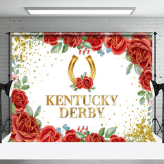 Aperturee - Aperturee Red Floral Gold Horseshoe Kentucky Derby Backdrop