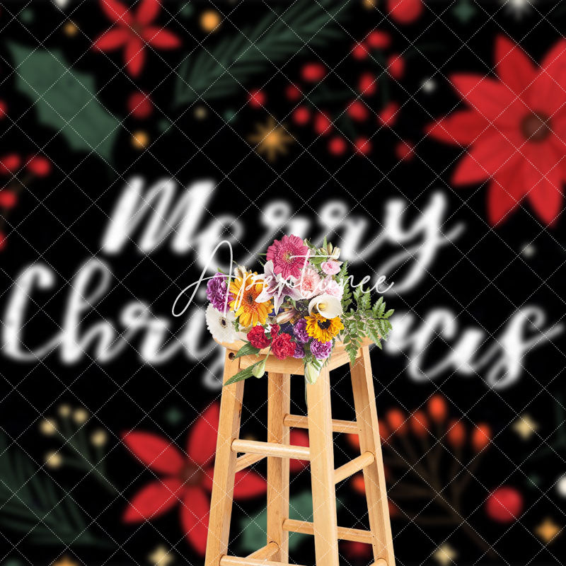 Aperturee - Aperturee Red Floral Green Leaf Black Merry Christmas Backdrop