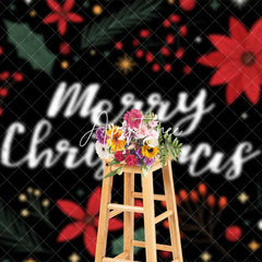 Aperturee - Aperturee Red Floral Green Leaf Black Merry Christmas Backdrop