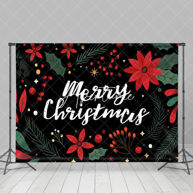 Aperturee - Aperturee Red Floral Green Leaf Black Merry Christmas Backdrop