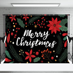 Aperturee - Aperturee Red Floral Green Leaf Black Merry Christmas Backdrop