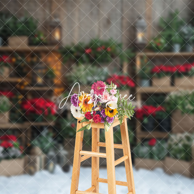 Aperturee - Aperturee Red Floral Greenery Snowy Field Christmas Backdrop