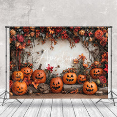 Aperturee - Aperturee Red Floral Tree Stump Pumpkins Halloween Backdrop