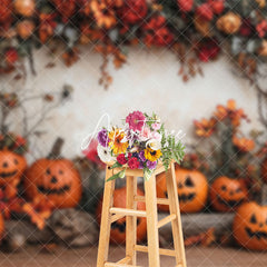 Aperturee - Aperturee Red Floral Tree Stump Pumpkins Halloween Backdrop