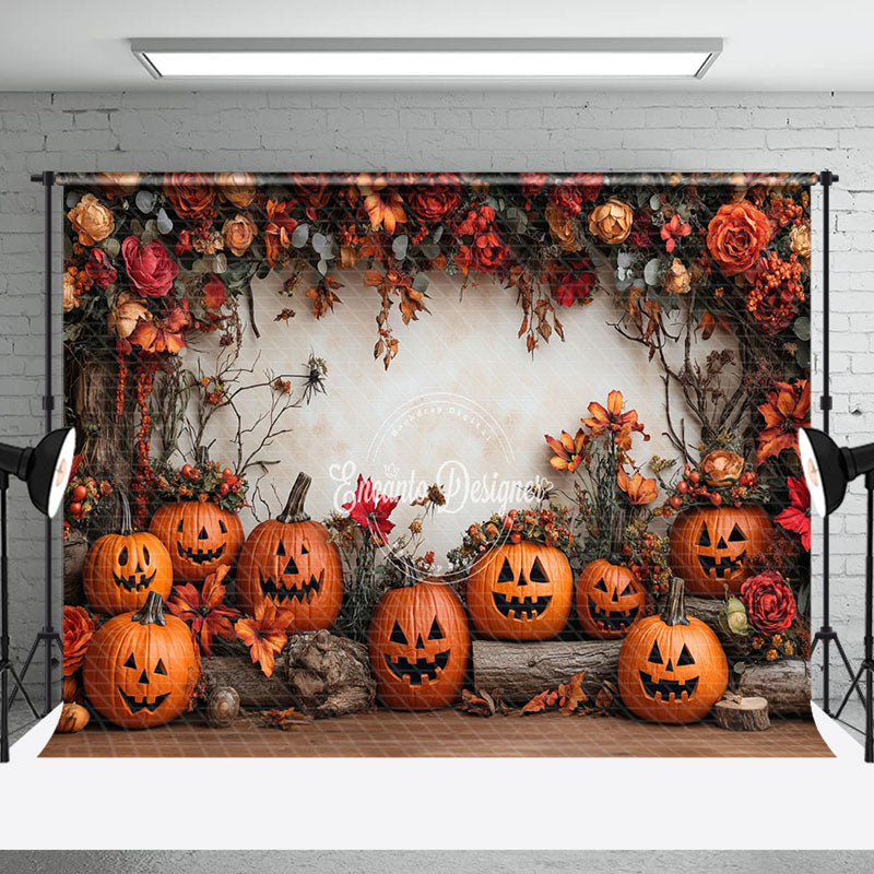 Aperturee - Aperturee Red Floral Tree Stump Pumpkins Halloween Backdrop